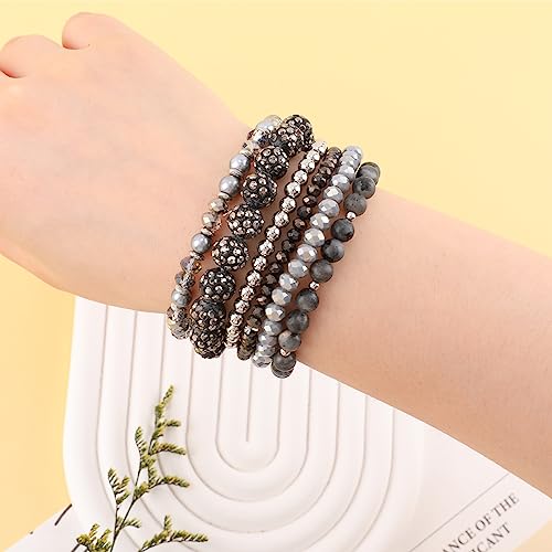 Bohemian Black Beaded Bracelets for Women Multilayer Disco Ball Bead Stretch Bracelets Handmade Boho Stackable Glass Beads Shiny Statement Bracelet Set Fashion Party Jewelry Gifts for Women4
