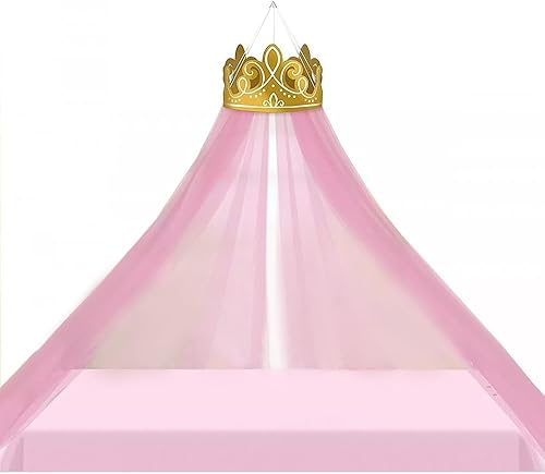 Decoración de corona dorada de princesa Disney con toldo de tul rosa, transformación de habitación encantadora, perfecta para habitación de niños o