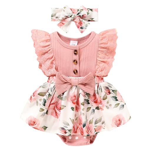 Image of Sinhoon Baby Girl Clothes Newborn Ruffled Sleeveless Romper Floral Dreesy Bodysuit Heaedband 3pcs Baby Girl Summer Clothes