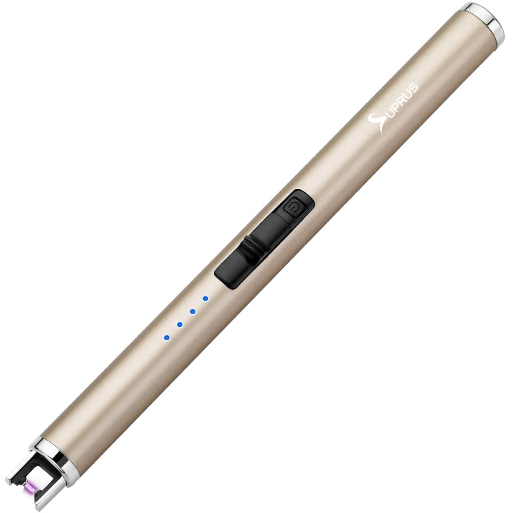 SUPRUS Electric Lighter Candle Type C Rechargeable Lighter with Upgraded LED Battery Display Safety Switch Flameless Plasma Windproof for Candle Cooking BBQs Fireworks (Champagne Gold)