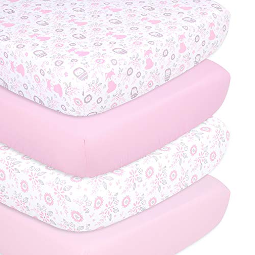 Image of The Peanutshell Pink Woodland Floral Fitted Crib Sheet Set for Baby Girls (Pink Woodland)