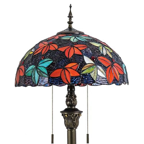 Image of Tiffany Floor Lamp, 16 inch Stained Glass Red Green Maple Leaf Shade with Antique Bronze Base, 2-Light E26 Pull Chain Standing Reading Light for Living Room Bedroom16x16x64 Inches