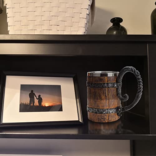 Kndatle Handmade Wooden Barrel Beer Mug, Bucket Shaped Drinkware with Handle, Stainless Steel Double Wall Cocktail Mug for Bar Restaurant, Vintage Bar Accessories (18 oz)
