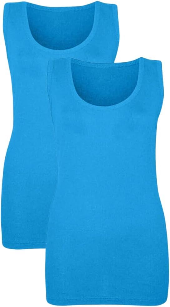 Lot de 2 débardeurs en coton côtelé pour femme - Extensible - Décontracté - Classique - Sans manches - Style caraco en coton - Lot de 2, turquoise, 48