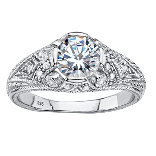 PalmBeach Sterling Silver Round Cubic Zirconia Vintage Style Engagement Ring Sizes 6-12