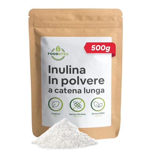 Food Bites Inulina a Catena Lunga Excellence 500g - Inulina di Cicoria in Polvere pura al 100% - Fibra Prebiotica per Ridurre l'apporto Calorico dei Cibi