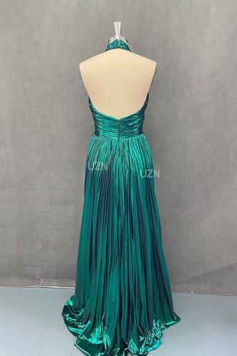 UZN Metallic Sparkly Satin Prom Dresses Long with Split Pleated Formal Evening Party Gowns2