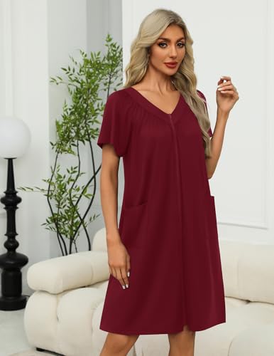 Image of Ekouaer Women Robe Zipper Front Mumu Duster Robes Zip Up Housecoat Soft Sleepwear with Pockets