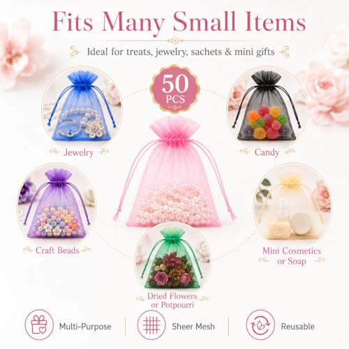 Image of 50PCS Organza Bags 5x7'' - Muticolor Small Sachet Jewelry Gift Favor Bags Drawstring Mesh Bags Gifts Valentines Wedding Eid Mubarak Halloween Eve Christmas New Year Party Candy Fruit Wrap Bulk