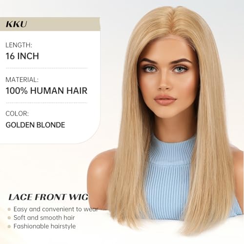 Image of KKU 5x5 Lace Front Human Hair Wig, Double Breathable Lace with Skin-Friendly Silk Base and Non-Slip Silicone Grips, Middle or Parted Natural Hairline Wigs for Women (16 Inch, Golden Blonde)