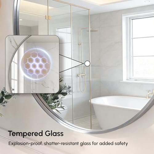 Image of 24 Inch Brushed Nickel Round Bathroom Mirror for Over Sink | Circle Mirror with Metal Frame, Wall Mirror for Vanity, Entryway, Living Room, Hallway and Bedroom Decor