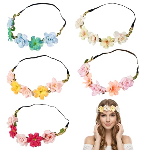 JEKUGOT 5 Pcs Flower Crown Hadbands for Grls Boho Flower Headband Adjustable Fairy Accessories for Women Birthday Travelling Wedding Festival Accessories