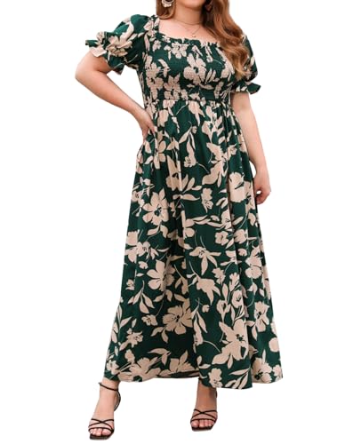 Image of Kyzoeyou Women Short Sleeve Maxi Dresses Loose Floral Print Plus Size Casual Long Dress U-Neck A-Line Sundress Elegant (Green XL)