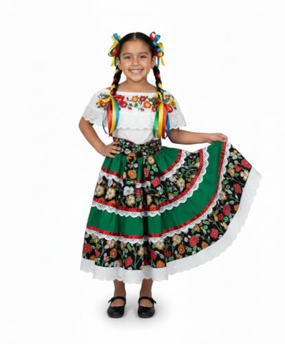 Girls’ Mexican Traditional Floral Dress with Lace and Embroidery for Cinco De Mayo and Fiestas2