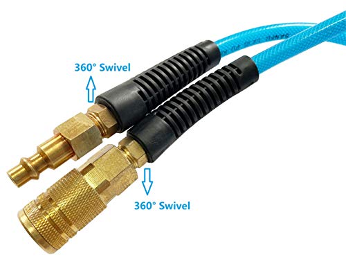 SANFU Polyurethane(PU) Reinforced 1/4”ID×100ft, Air Hose with 1/4” Swivel MNPT Solid Brass Quick Coupler and Plug, Transparent Blue(100’) - Thumbnail 5