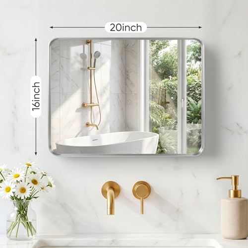 Image of Sweetcrispy Bathroom Mirror 20x16 Inch Metal Framed Rounded Rectangle Vanity Mirror for Wall, Over Sink, Farmhouse, Restroom, Anti-Rust, Modern Decorative, Horizontal or Vertical Hanging, Silver