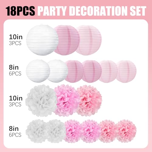 Image of 18 PCS Pink White Paper Lanterns & Tissue Paper Pom Poms for Girls Birthday, Baby Shower, Wedding, Bridal Shower, Hanging Paper Decor, Party Decoration Set for Indoor Outdoor Events Party Supplies