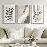Framed Boho Sage Green Abstract Wall Art for Living Room, 3 Piece Leaf Botanical Gold Sun Canvas Artworks, Geometric Beige Moon Painting Prints for Dining Room Bedroom Office Wall Decor, 16x24 Inch