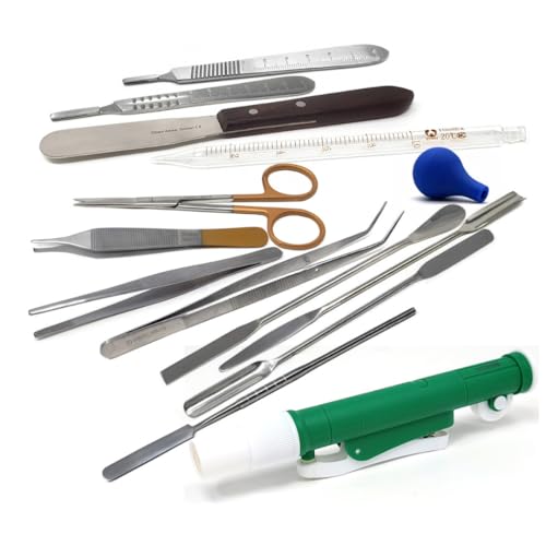 Multifunction Scientific Lab Tools Kit Biology Chemistry Set includes Stainless Steel Micro Sampling Spoon Scoop Spatulas, Forceps, Scissors, Scalpel Handle, Glass Pipettes, Pipettor Pump - 13Pcs