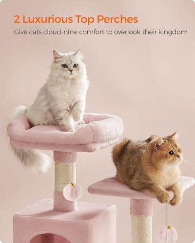 Image of Feandrea Cat Tree, 59.5-Inch Tall Cat Tower, Plush Multi-Level Condo with 5 Scratching Posts, 2 Perches, 2 Caves, Hammock, 2 Pompoms, Jelly Pink UPCT192P01
