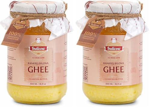 Image of Indicow Organic Dairy Foods Pure Authentic A2 Ghee (500millilitre, Kankrej) | Grass Fed, Hand Churned, 100% Pure and Preservative Free (Pack of 2)