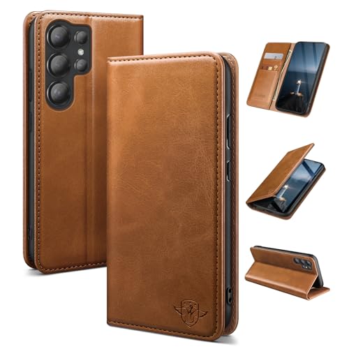 SUANDUCK for Samsung Galaxy S23 Ultra mobile phone case leather flip case with RFID-blocking card compartment adjustable stand and 360 drop protection with Samsung S23 Ultra Light Brown