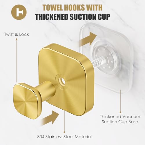 Image of BKV Suction Cup Hooks for Shower,Heavy Duty Shower Hooks for Bathroom Wall,Glass Windows,Smooth Doors to Hang Towels,Robes,Coat,Reusable Suction Cup Wreath Hanger for Christmas Wreaths-Gold(2 Pack)