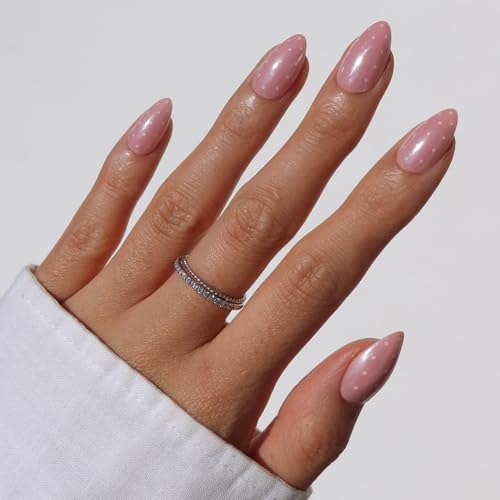 Glamnetic Press On Nails - Barely Spotted | Short Almond Fake Nails in Pink with White Polka Dots Glazed Finish Salon Quality | 15 Sizes - 30 Nail Kit with Glue