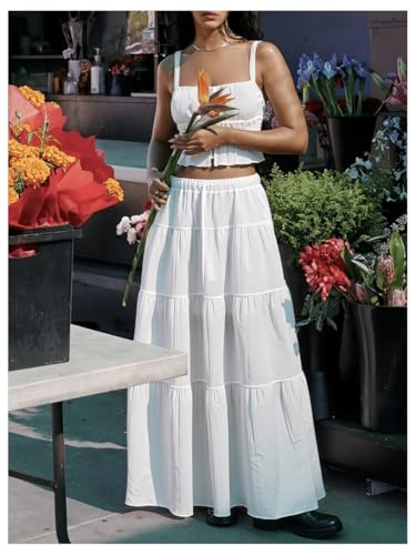 SOLY HUX Women's Drawstring Waist Ruffle Tiered Layer A Line Flowy Beach Maxi Skirts Vacation Outfit2