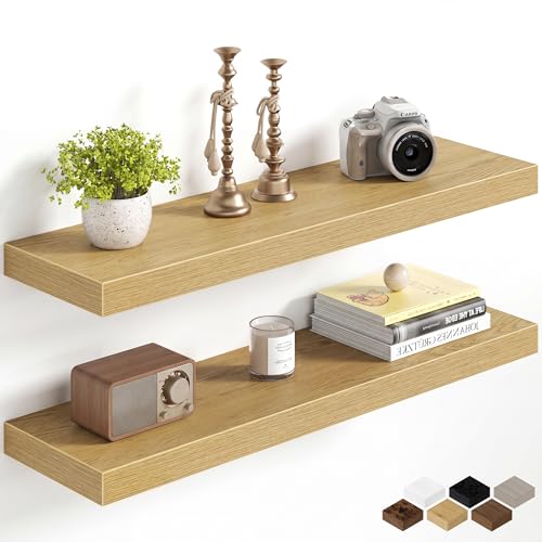 Image of Fun Memories 30Inch Floating Shelves for Wall, 8 Inch Deep Shelves for Bathroom|Bedroom|Kitchen Wall Mounted, Wood Hanging Shelf with Invisible Brackets for Home Storage Decor, Oak - 2 Pack