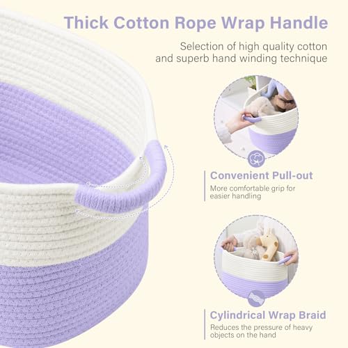 Image of Patvingot 13 inchx10 inchx9 inch Cotton Rope Storage Basket, Woven Baskets with Handles for Organizing Home Office, Shelves, Nursery, Laundry, and Toys,Empty Gift Basket-3 Pack,White /Purple