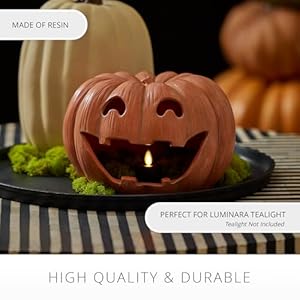 Luminara Jack-o'-Lantern Pumpkin Tealight Holder - Orange 10" x 6.75" - Halloween Dry Brush Resin Fall Home Autumn Harvest Festival Party Decor Luminara Jack o Lantern Pumpkin Tealight Holder Orange 10 x 675 Halloween Dry Brush Resin Fall Home Autumn Harvest Festival Party Decor