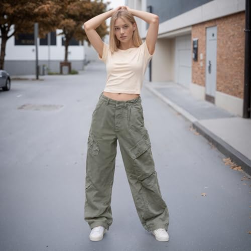 Cargo Capri Pants High Waist Wide Leg Pants Solid Vintage Straight Trousers Y2K Button Up Jeans2