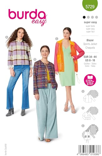 burda easy Schnittmuster Damen #5729 Blazer aus Bouclé, Flanelljacke im Grungestil und Jacke aus PVC Gr. 34-44