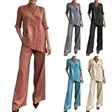 Conjunto Mujer Dos Piezas Casual Verano Elegante Lino Algodón Conjunto Deportivo Blusa Y Pantalones Talla Grande Chandal Completo Holgado Loungewear Manga 3/4 Cuello en V Trabajo Casa Vacaciones Playa