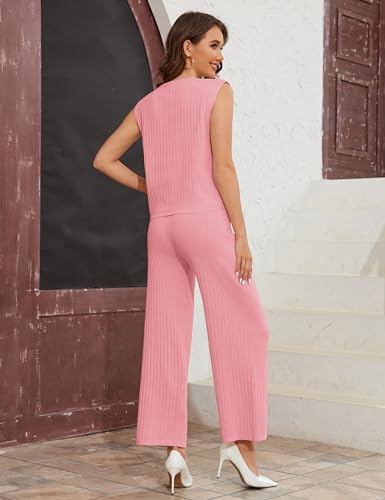 2 Piece Outfits Sweater Sets Knit Sleeveless Pullover Top High Waisted Pants Tracksuits for Women2