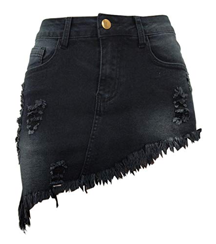 chouyatou Women's Stretch Fit 5-Pocket Irregular Frayed Hem Mini Denim Jean Skirt
