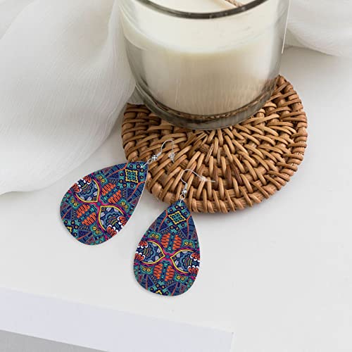 Bohemia Floral Colorful Ethnic Tribe Faux Leather Earrings, Teardrop Dangle Earrings, Lightweight Dangle For Women Girls #TOP4