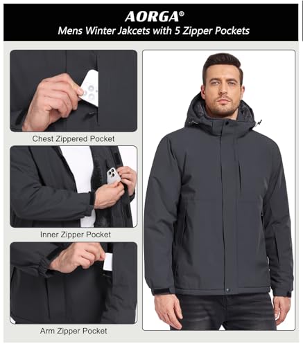 Image of Mens Skiing Jackets Winter Waterproof Snow Jackets Fleece Lined Insulated Heavy Parka Jackets Coats with Hoode