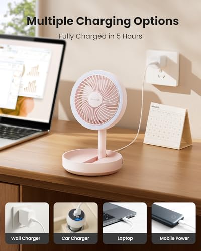 Image of gaiatop Foldable Small Desk Fan with Night Light, 6.8in Portable Travel Fan | 6000mAh Battery Fan, USB Rechargeable, Bedroom Office Camping Travel & Cruise Essentials, Summer Gifts for Women Men, Pink