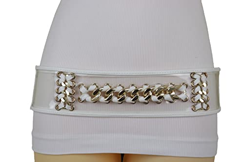 Women Holidays Fashion Wide White Elastic Waistband Clear Belt Hip High Waist Gold Metal Chain Links XS S4