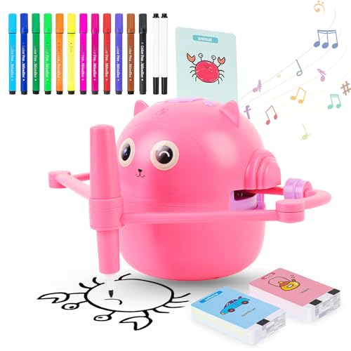 DANLIKT Robot de dibujo educativo interactivo con 100 tarjetas y 12 lápices de acuarela para niños y niñas (rosa)