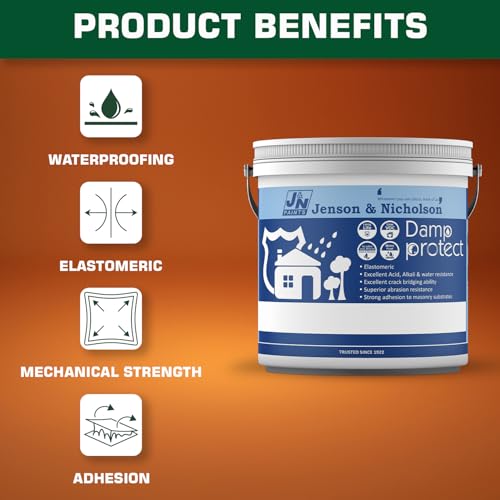 Image of Jenson & Nicholson Damp Proof Paint 4L | Covers 6-8 Sq Metres | 10-Year Warranty | Elastomeric Waterproofing for Roofs, Floors & Walls | Low VOC | Heat Reflecting | Crack Bridging