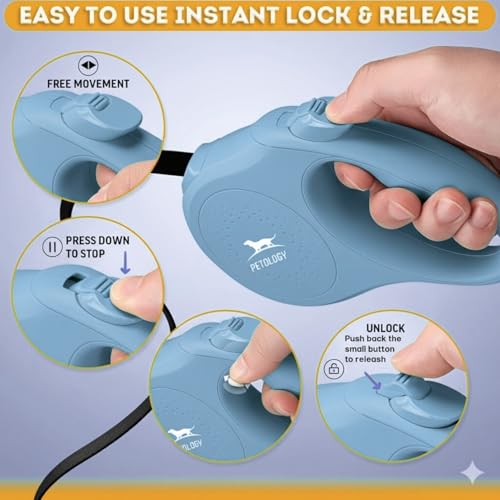 Image of Petology Retractable Dog Leash | 3 Meter (10ft) Nylon Tape | for Dogs Upto 12kgs | Heavy Duty Rope, 360 Tangle-Free, One-Hand Brake & Lock System, Anti-Slip Comfortable Grip