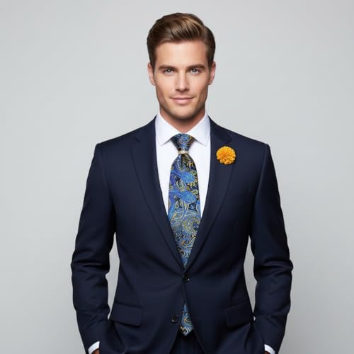 Image of 5PCS Mens Silk Tie, Pocket Square, Cufflinks, Drilled Tie Ring and Lapel Pin Set for Wedding Groom Party