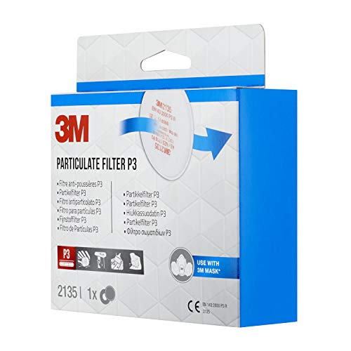 3M Filtr cząstek stałych – filtr drobnego pyłu z poziomem ochrony P3 do masek respiracyjnych 3M – 1 para filtrów P3 z innowacyjną technologią filtra 2135PRO1, biały