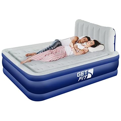 Get Fit Air Bed With Built In Electric Pump - Premium King Airbed - Quick Blow Up Bed With Headboard, 2 Free Inflatable Pillows - Elevated Inflatable Air Mattress For Outdoor, Camping - Navy/White Cover