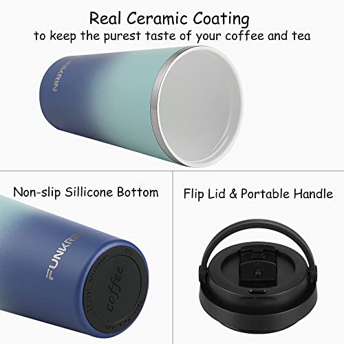 Funkrin Insulated Coffee Mug With Ceramic Coating, 16Oz Iced Coffee Tumbler Cup With Flip Lid And Handle, Double Wall Vacuum Leak-Proof Thermos Mug For Travel Office School Party Camping #TOP1