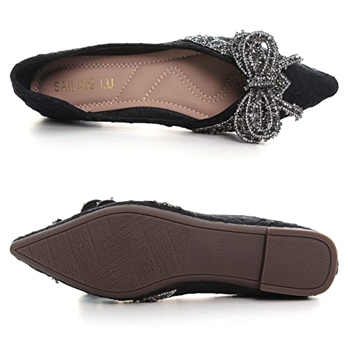 Sailing Lu Cute Bowknot Ballet Flats For Women Pointed Toe Crystals Dress Shoes Comfort Light Weight Loafers Black Size 8.5 #TOP5