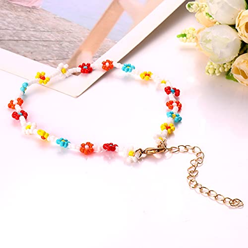 Image of Beaded Anklets for Women Boho Cute Daisy Flower Bead Ankle Bracelets Handmade Waterproof Surfer Anklet Summer Beach Foot Jewelry for Women